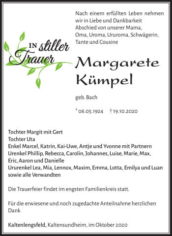 Traueranzeige von Margarete Kümpel von Südthüringer Presse