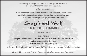 Traueranzeige von Siegfried Wolf von Südthüringer Presse