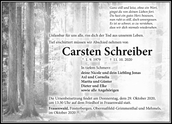 Traueranzeige von Carsten Schreiber von Südthüringer Presse