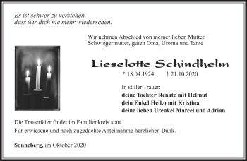 Traueranzeige von Lieselotte Schindhelm von Südthüringer Presse