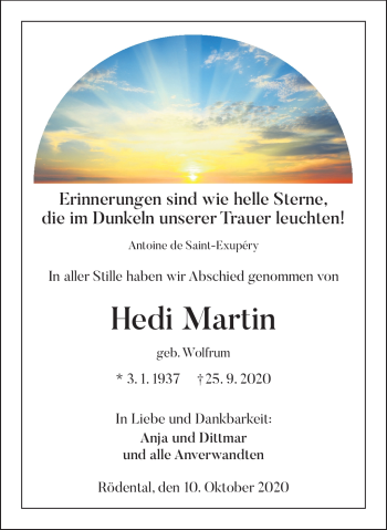 Traueranzeige von Hedi Martin von Neue Presse Coburg