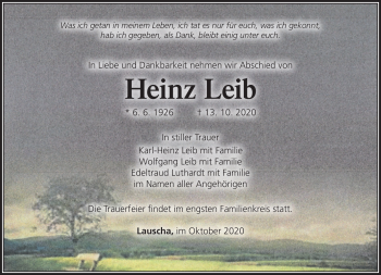 Traueranzeige von Heinz Leib von Südthüringer Presse
