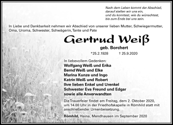 Traueranzeige von Gertrud Weiß von Südthüringer Presse