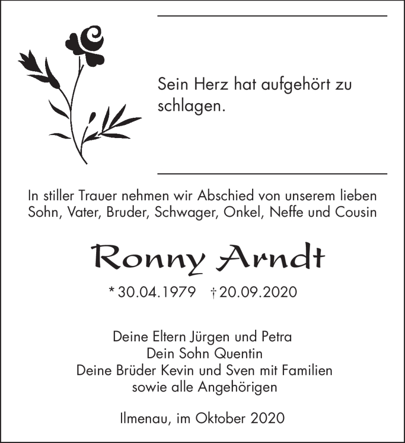  Traueranzeige für Ronny Arndt vom 10.10.2020 aus Südthüringer Presse