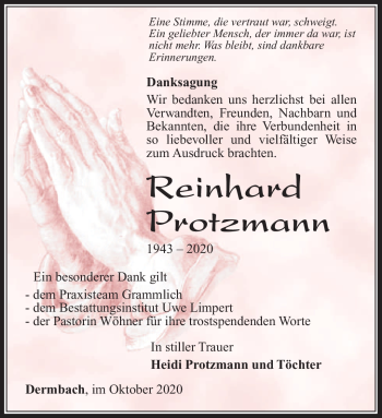 Traueranzeige von Reinhard Protzmann von Südthüringer Presse