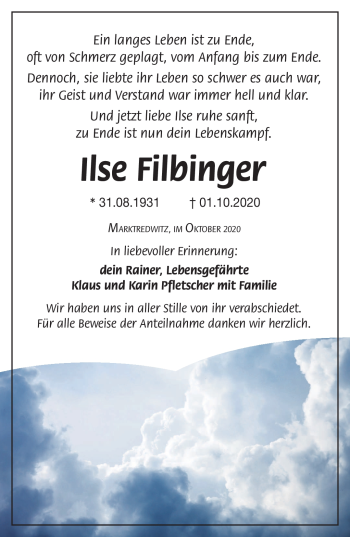 Traueranzeige von Ilse Filbinger von Frankenpost