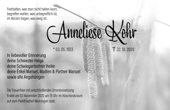 Traueranzeige von Anneliese Kehr von Südthüringer Presse