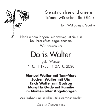 Traueranzeige von Doris Walter von Südthüringer Presse