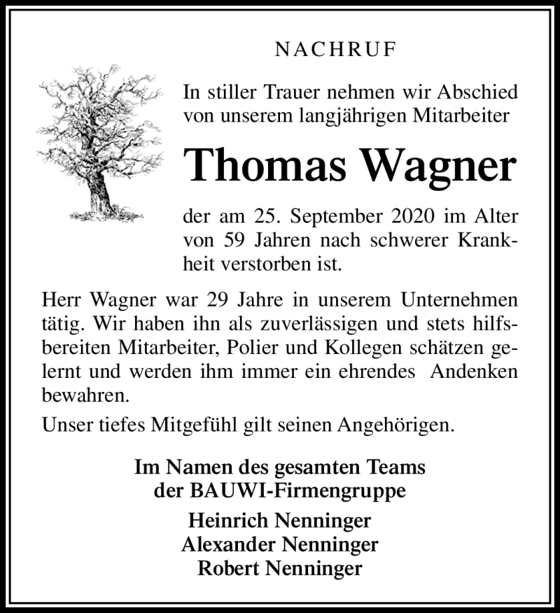  Traueranzeige für Thomas Wagner vom 10.10.2020 aus Südthüringer Presse