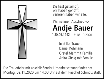 Traueranzeige von Andje Bauer von Neue Presse Coburg
