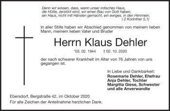 Traueranzeige von Klaus Dehler von Neue Presse Coburg