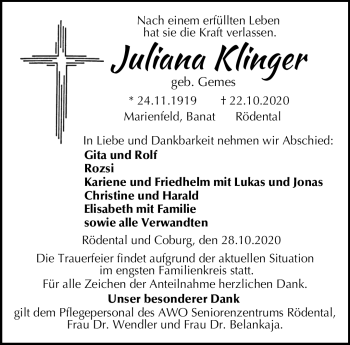 Traueranzeige von Juliana Klinger von Neue Presse Coburg