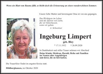 Traueranzeige von Ingeburg Limpert von Südthüringer Presse