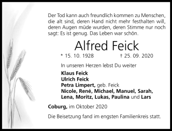 Traueranzeige von Alfred Feick von Neue Presse Coburg
