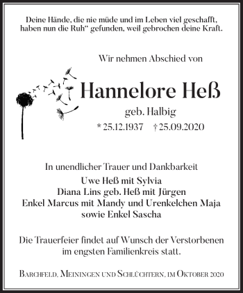 Traueranzeige von Hannelore Heß von Südthüringer Presse