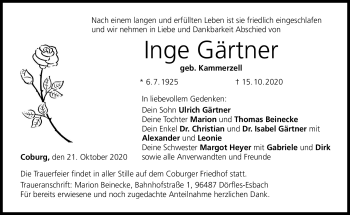 Traueranzeige von Inge Gärtner von Neue Presse Coburg