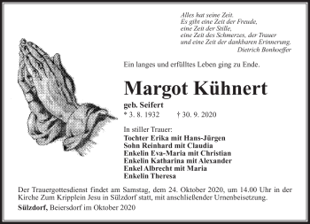 Traueranzeige von Margot Kühnert von Südthüringer Presse