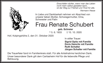 Traueranzeige von Renate Schubert von Frankenpost