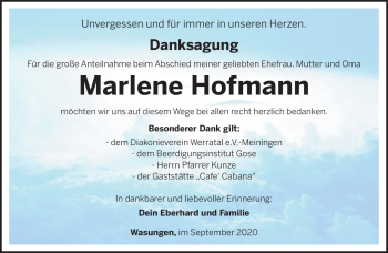 Traueranzeige von Marlene Hofmann von Südthüringer Presse