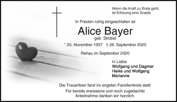 Traueranzeige von Alice Bayer von Frankenpost