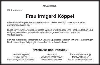 Traueranzeige von Irmgard Köppel von Frankenpost