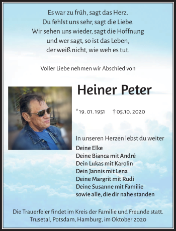 Traueranzeige von Heiner Peter von Südthüringer Presse
