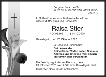 Traueranzeige von Raisa Stier von Frankenpost