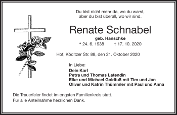 Traueranzeige von Renate Schnabel von Frankenpost