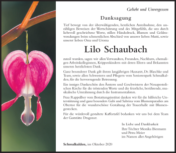 Traueranzeige von Lilo Schaubach von Südthüringer Presse