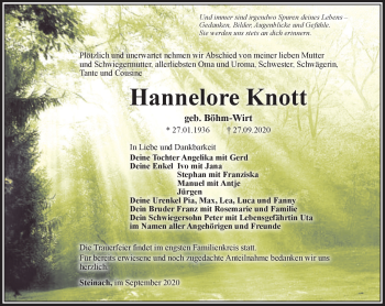 Traueranzeige von Hannelore Knott von Südthüringer Presse