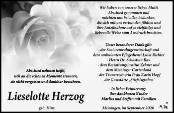 Traueranzeige von Lieselotte Herzog von Südthüringer Presse