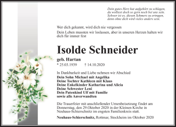 Traueranzeige von Isolde Schneider von Südthüringer Presse
