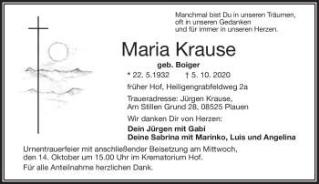 Traueranzeige von Maria Krause von Frankenpost