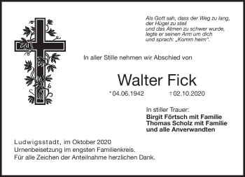 Traueranzeige von Walter Fick von Neue Presse Coburg