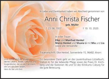 Traueranzeige von Anni Christa Fischer von Neue Presse Coburg