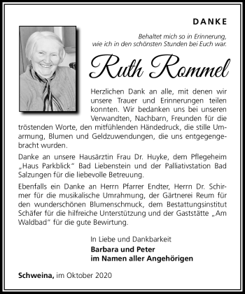 Traueranzeige von Ruth Rommel von Südthüringer Presse