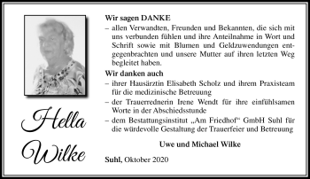 Traueranzeige von Hella Wilke von Südthüringer Presse