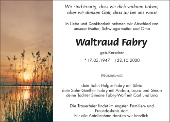 Traueranzeige von Waltraud Fabry von Frankenpost