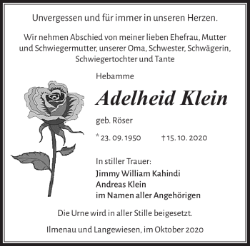 Traueranzeige von Adelheid Klein von Südthüringer Presse