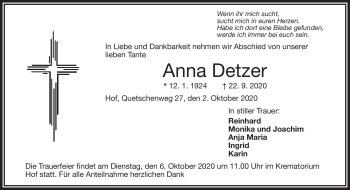 Traueranzeige von Anna Detzer von Frankenpost