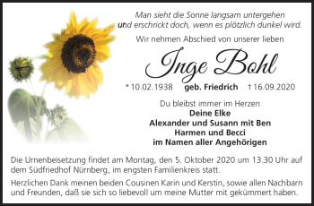 Traueranzeige von Inge Bohl von Neue Presse Coburg