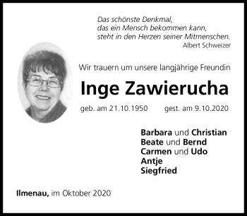 Traueranzeige von Inge Zawierucha von Südthüringer Presse