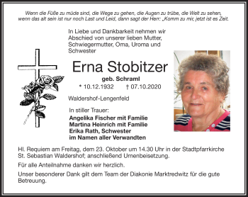Traueranzeige von Erna Stobitzer von Frankenpost