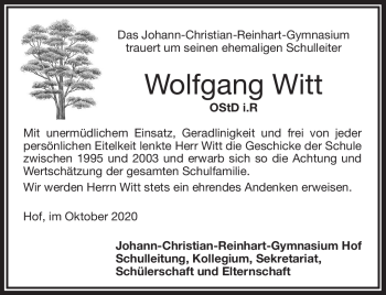 Traueranzeige von Wolfgang Witt von Frankenpost