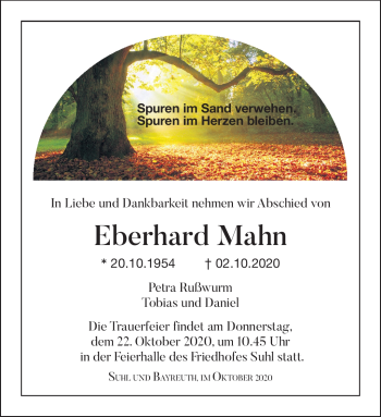Traueranzeige von Eberhard Mahn von Südthüringer Presse
