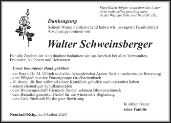 Traueranzeige von Walter Schweinsberger von Südthüringer Presse