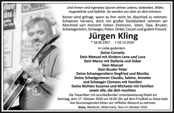 Traueranzeige von Jürgen Kling von Südthüringer Presse