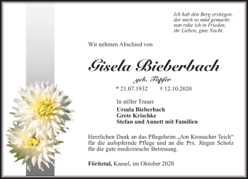 Traueranzeige von Gisela Bieberbach von Südthüringer Presse