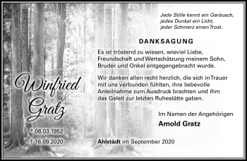 Traueranzeige von Winfried Gratz von Südthüringer Presse