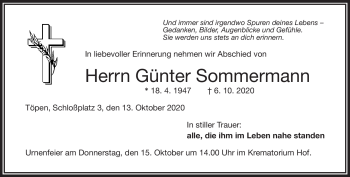 Traueranzeige von Günter Sommermann von Frankenpost